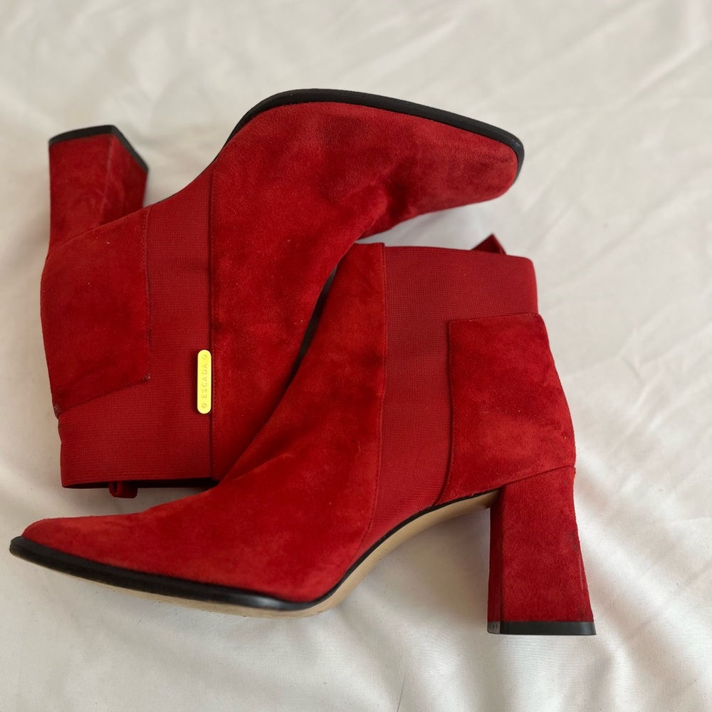VINTAGE ESCADA 90s Y2K Black Suede Square Toe Ankle Boots Booties